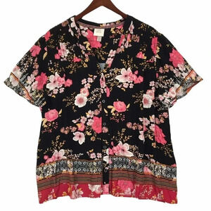 Knox Rose Womens Size XXL 2XL Floral Button Up Short Sleeve Top Shirt Career